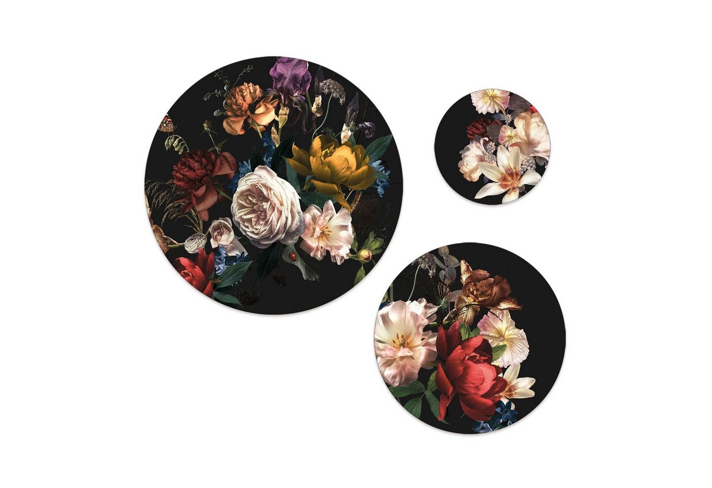 artissimo Mehrteilige Bilder mehrteiliges Bilder-Set 3 Wandbilder rund Wandkreise vintage Blumen, Retro: Rosen auf schwarzem Hintergrund von artissimo