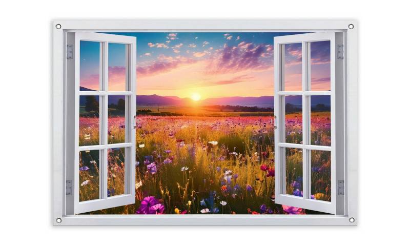 artissimo Poster Garten-Poster 90x60cm Gartendeko Balkon-Deko Outdoor-Deko Fesnterblick, Outdoor-Poster: Fenster Blumenwiese von artissimo