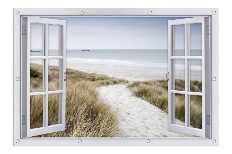 artissimo Poster Garten-Poster XXL 120x80cm Gartendeko Balkon-Deko Outdoor-Deko Meer, Outdoor-Poster: Fenster-Blick auf den Strand von artissimo