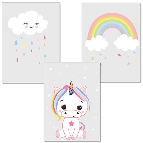 artpin® 3er-Set Einhorn Bilder Kinderzimmer - Regenbogen Wolke Kuscheltier Deko Babyzimmer - Für Mädchen P7 von artpin