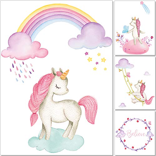 artpin® 4er Einhorn Bilder Set Dekoration Kinderzimmer - A4 Poster Regenbogen Rosa Babyzimmer - Deko Mädchen P55 von artpin