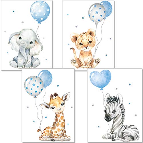 artpin® Bilder Kinderzimmer - DIN A4 Poster Tiere Babyzimmer- Safari Afrika Wandbilder Deko Junge Mädchen- Grau Blau Luftballon P67 von artpin