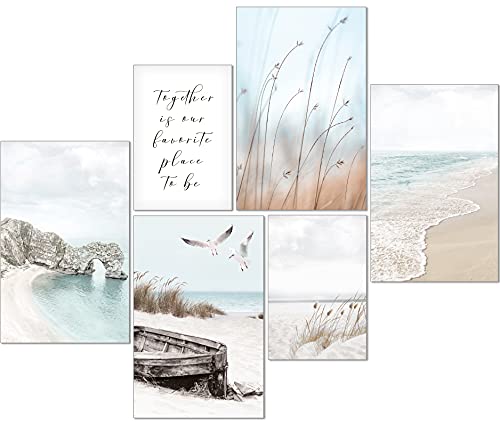 artpin® Moderne Poster Set - Bilder Wohnzimmer Deko Schlafzimmer - Pampas Gras Beige Meer Strand Bilderwand ohne Rahmen (4x A4 | 2x A5) W12 von artpin