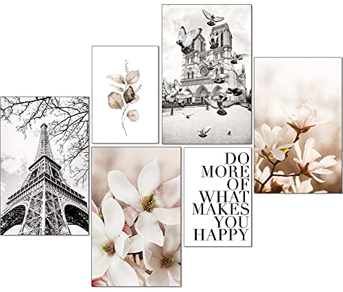 artpin® Moderne Poster Set - Bilder Wohnzimmer Deko Schlafzimmer - Paris Blumen schwarz weiß Beige Bilderwand ohne Rahmen (4x A4 | 2x A5) W14 von artpin