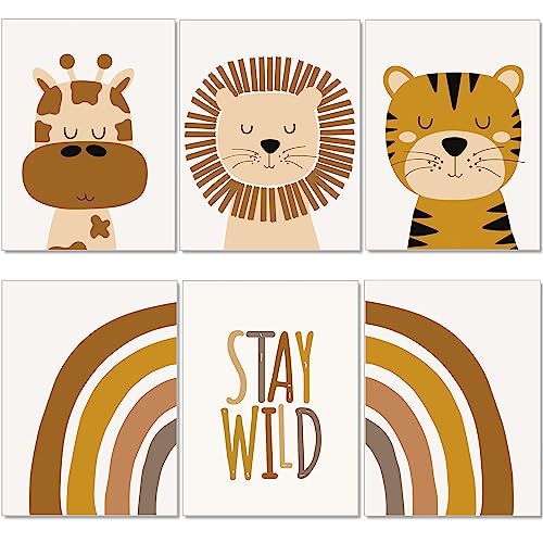 artpin® Poster Kinderzimmer, 6er Set Bilder Babyzimmer, Boho Safari Regenbogen A4 (K2) von artpin