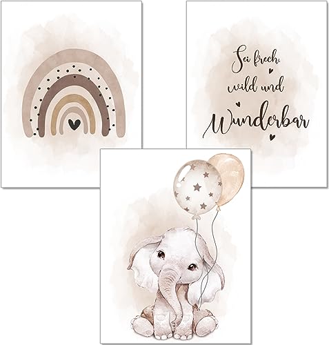 artpin® Poster Kinderzimmer Deko - Bilder Babyzimmer Regenbogen in Sand für Mädchen Junge - Safari Tierposter Luftballon Elefant Beige (K7) von artpin