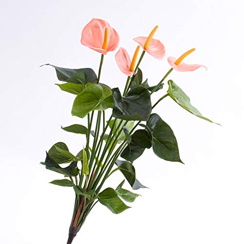 artplants.de Deko Anthurium Busch Lorie, 23 Blätter, 4 Blüten, rosa, Steckstab, Deluxe, 55cm - Kunstpflanze Flamingoblume von artplants