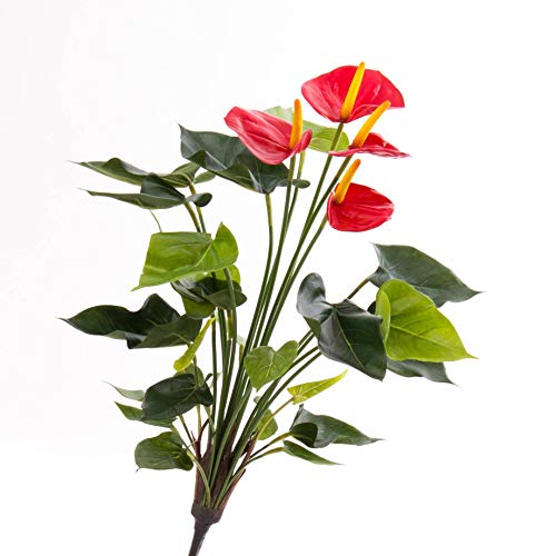 artplants.de Deko Anthurium Busch Lorie, 23 Blätter, 4 Blüten, rot, Steckstab, Deluxe, 55cm - Kunstpflanze Flamingoblume von artplants.de