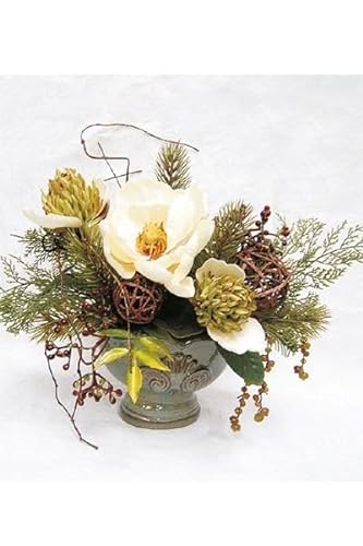 artplants.de Künstliches Blumengesteck Magnolie, Protea, Beeren TORWI, Überrtopf, weiß-grün, 31cm, Ø34cm - Kunstblumen Arrangement von artplants