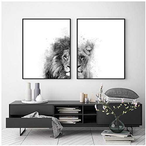 artppolr 2 Stück Abstrakter Löwe und Löwin Tier Leinwand Druck Schwarz Weiß Gemälde Poster Kinderzimmer Wandkunst Bilder Wohnzimmer Dekor 50x70cm Kein Rahmen von artppolr