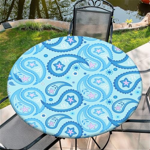 Outdoor Runde Tischdecke mit Gummizug Ø 36in(90cm)- Elastisch Garten tischdecke mit Blaue Blume Muster,Tische Gartentischdecke für Outdoor Küche Passend für 95-105cm von artslion