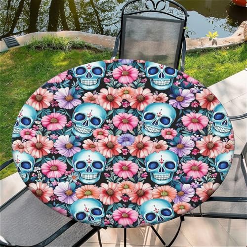 Outdoor Runde Tischdecke mit Gummizug Ø 36in(90cm)- Elastisch Garten tischdecke mit Schädel Muster,Tische Gartentischdecke für Outdoor Küche Passend für 95-105cm von artslion