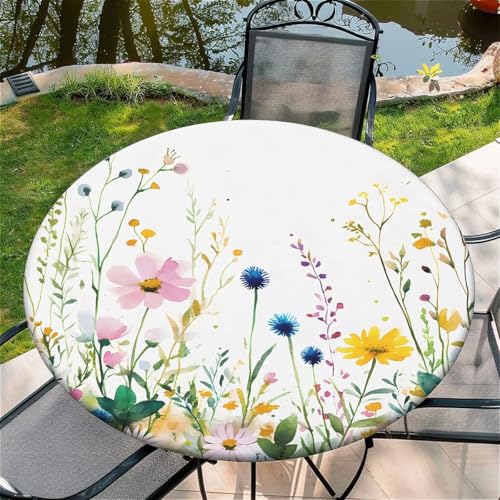 Outdoor Runde Tischdecke mit Gummizug Ø 36in-90cm- Elastisch Garten tischdecke mit Weiße Blumen Muster Passend für 75cm-85cm von artslion