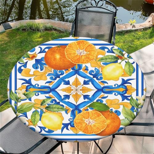 Outdoor Runde Tischdecke mit Gummizug Ø 36in-90cm Elastisch Garten tischdecke mit Zitrone Muster Passend für 75-85cm von artslion