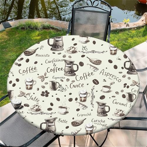 Outdoor Runde Tischdecke mit Gummizug Ø 52in(130cm)- Elastisch Garten tischdecke mit Vintage-Kaffee Muster,Tische Gartentischdecke für Outdoor Küche Passend für 115-125cm von artslion