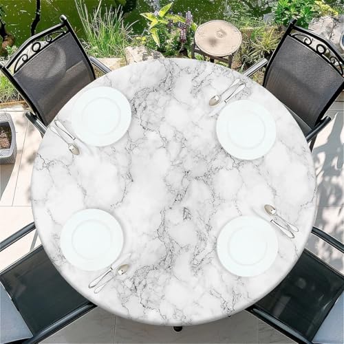 Outdoor Runde Tischdecke mit Gummizug Ø 52in-130cm- Elastisch Garten tischdecke mit Weißer Marmor Muster Passend für 115cm-125cm von artslion