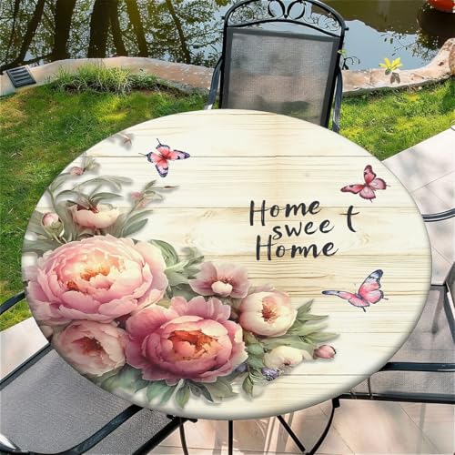 Outdoor Runde Tischdecke mit Gummizug Ø48in(120cm)- Elastisch Garten tischdecke mit Peony und Schmetterling Muster,Tische Gartentischdecke für Outdoor Küche Passend für 115-125cm von artslion