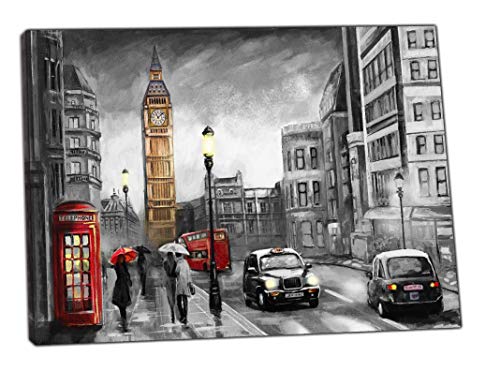 ARTSPRINTS London Street Big Ben Black Cub Red Phone Box Bus Bild in Schwarz Weiß Farbe Bild Reproduktion Kunstdruck auf gerahmter Leinwand Wandkunst Heimdekoration 102 x 76 cm - 38 mm Tiefe von ARTSPRINTS