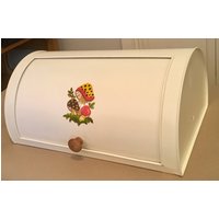 Vintage Brotkasten Metall Restauriert Und Kunstvoll in Einem Erbstück Weiß Mit Handgemaltem Pilzdesign Vintage-Farben Bemalt von artworksbycarol
