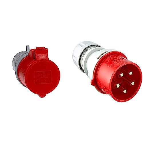 as - Schwabe CEE-Kupplung – 400 V / 32 A / 5-polig – Kupplung mit Schraubanschlüssen – CEE-Adapter 5-polig / 6h – – IP44 – Grau/Rot I 60427 & UNITEC 40578L CEE-Stecker 32A, lose, rot von as - Schwabe