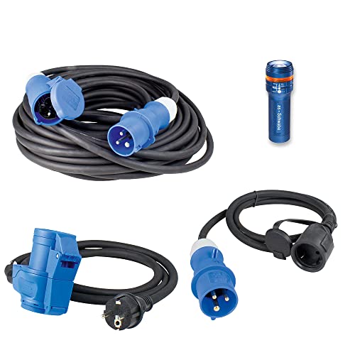 as - Schwabe Outdoor Set, 10m Verlängerungskabel + 2x Adapter-Leitung CEE, Schutzkontaktstecker und Buchse/Kupplung mit Powerlight Spannungsanzeige + Taschenlampe XT1, Blau/Schwarz, 19601 von as - Schwabe