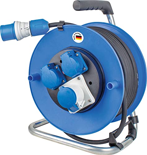 as - Schwabe Camping Kabeltrommel 25 m - mit Spannungsanzeige am CEE-Stecker - 2 Schutzkontakt- & 1 CEE-Steckdose 230V/16A/3-polig - Outdoor Kabeltrommel - Spritzwasserschutz IP44 - Blau, 10176 von as - Schwabe