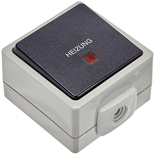 as - Schwabe Heizungsnotschalter - Schalter beleuchtet - Aufputz - Lichtschalter Feuchtraum - UV-beständig - Anschluss Leitungen bis max. 2-5mm² - 230V/10A - IP54 - grau - Made in Germany, 62454 von as - Schwabe