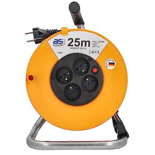 as - Schwabe Kabeltrommel 25m Verlängerungskabel Kabeltrommel mit 4 Unterputz Steckdosen BF & Schutzkontaktstecker Kabeltrommel 230V / 16A, IP20, Orange, 811480 von as - Schwabe