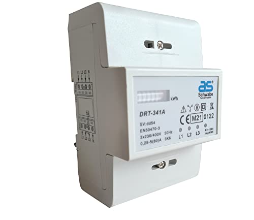 as - Schwabe Stromzähler - Hutschienen Wechselstromzähler - MID konform - Reiheneinbaugerät - 400V - 3-phasig - DRT-341A - 3x230/400V 0.25-5A, (max. 80A) - Rollenzählwerk - 6+1 stellig analog, 62512 von as - Schwabe