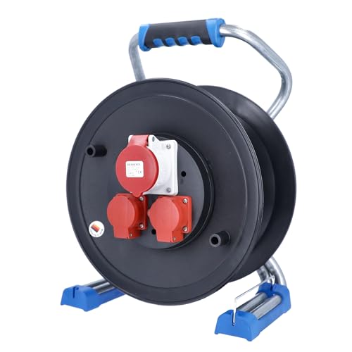 as - Schwabe Xperts CEE Kunststoffkabeltrommel Leertrommel Ø285 mm für ca. 25m Kabel, 2 Schutzkontaktsteckdosen 230V/16A, 1 CEE Steckdose 400V/16A, Thermoschutzschalter, Doppelrohrgestell, IP44, 22650 von as - Schwabe