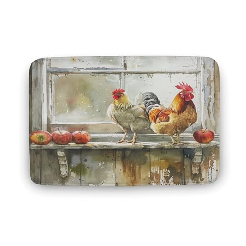 Badezimmerteppich im Retro-Stil mit Henne und Huhn, Badematte mit Obstmotiv für die Theke mit rutschfester Rückseite, weiche Mikrofaser-Bodenmatte für den Eingangsbereich mit Dusche, Waschbecken, 50 von asbwuo