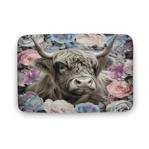 Badezimmerteppich im Vintage-Stil mit Tiermotiven und Kuhmotiv, Badematte mit Highland-Blumenmotiv und rutschfester Rückseite, weiche Mikrofaser-Bodenmatte für den Eingangsbereich mit Dusche, Waschb Badezimmerteppich im Vintage-Stil mit Tiermotiven und Kuhmotiv, Badematte mit Highland-Blumenmotiv und rutschfester Rückseite, weiche Mikrofaser-Bodenmatte für den Eingangsbereich mit Dusche, Waschb von asbwuo