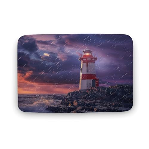 Badezimmerteppich mit nautischem Leuchtturm-Felsenmotiv, Badematte mit Landschaftsmotiv am Meer und Rutschfester Rückseite, 40,6 x 61 cm von asbwuo