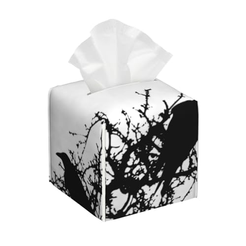 Design 43 – Quadratische Taschentuchbox-Abdeckung aus Leder mit Krähensilhouette – Dekorativer Organizer für Badezimmer, Nachttisch und Arbeitsplatte | rutschfeste Unterseite und einfaches Nachfülle von asbwuo