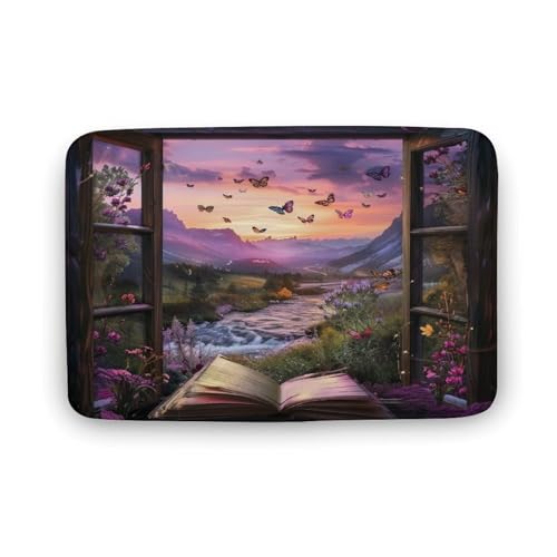 Fantasy Butterfly River Badezimmerteppich, Badematte mit Berg-Sonnenuntergang-Fenster und rutschfester Rückseite, weiche Mikrofaser-Bodenmatte für Dusche, Waschbecken und Eingangsbereich, 20 x 32 Zo von asbwuo