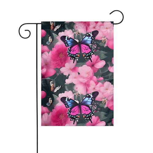 Gartenflagge mit rosa Blumen und Schmetterlingsbild, Hofdekoration, 30,5 x 45,7 cm, für Garten, Terrasse, Balkon von asbwuo