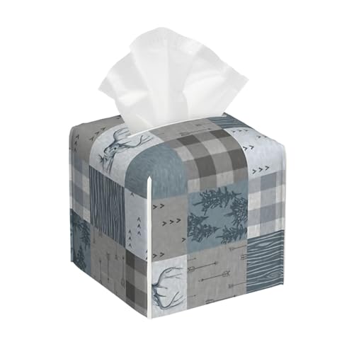 Hirsch Patchwork - Rustikaler blau-Grauer quadratischer Taschentücher-Bezug, kubische Taschentücher-Box, Dekoration auf Esstisch und Badezimmer, Büro von asbwuo