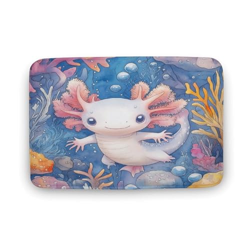 Hübscher Badezimmerteppich mit Axolotl-Tiermotiv, farbenfrohe Badematte mit Unterwasser-Salamander und rutschfester Rückseite, weiche Mikrofaser-Bodenmatte für den Eingangsbereich mit Dusche, Waschb von asbwuo
