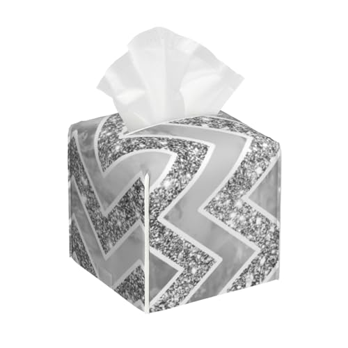 Moderne graue Aquarell Kunstsilber Glitzer Chevron Quadratische Taschentücherbox Hülle, Kubische Taschentücherbox, Dekoration auf Esstisch und Badezimmer, Büro von asbwuo