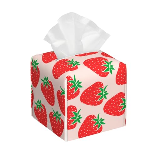 Niedliche Erdbeeren Quadratische Taschentuchbox aus Leder - Badezimmer-Waschtisch, Nachttisch & Arbeitsplatte, Elegantes Home-Office-Dekor von asbwuo