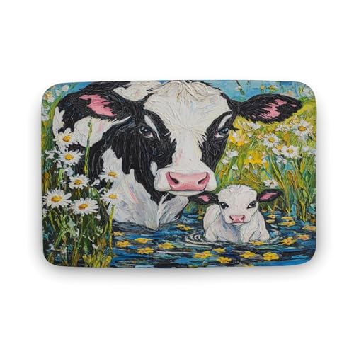 Niedlicher Badezimmerteppich mit Kuh-Gänseblümchen-Motiv, Badematte mit französischem Landhausgarten und rutschfester Rückseite, weiche Mikrofaser-Bodenmatte für den Eingangsbereich mit Dusche, Wasc von asbwuo