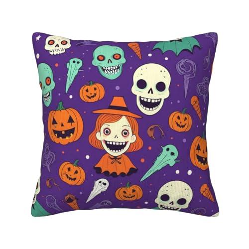 Quadratische Dekokissen mit Horrormuster auf violettem Hintergrund, Bedruckt, mit weichen Kissenbezügen, Kissenbezug mit Einsätzen für die Dekoration von Sofa und Schlafzimmer zu Hause von asbwuo