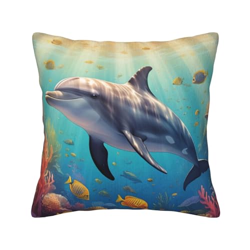 Quadratische Dekokissen mit Meeres-Unterwasser-Delfinfisch-Aufdruck und weichen Kissenbezügen, Kissenbezug mit Einsätzen für die Dekoration von Sofa und Schlafzimmer zu Hause von asbwuo