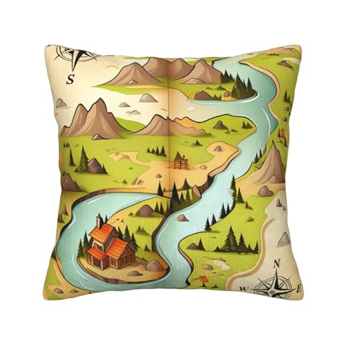 Quadratische Dekokissen mit Schatzkarten-Aufdruck und weichen Kissenbezügen, Kissenbezug mit Einsätzen für die Dekoration von Sofa und Schlafzimmer zu Hause von asbwuo