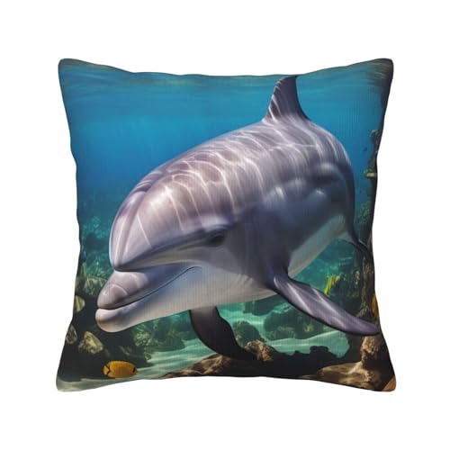 Quadratische Dekokissen mit Unterwasserwelt-Fisch-Delfin-Print und weichen Kissenbezügen, Kissenbezug mit Einsätzen für die Dekoration von Zuhause, Sofa und Schlafzimmer von asbwuo