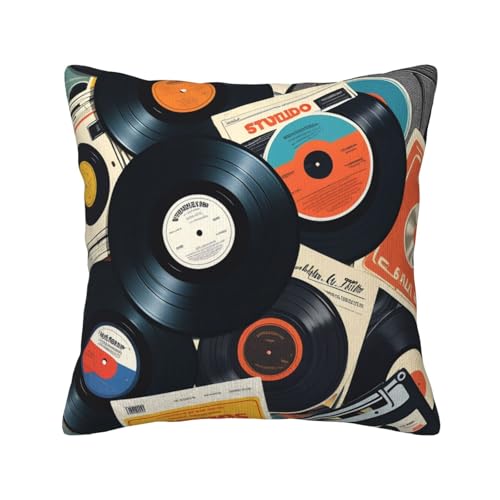 Quadratische Dekokissen mit Vinyl-Schallplatten- und Kassetten-Aufdruck und weichen Kissenbezügen, Kissenbezug mit Einsätzen für die Dekoration von Sofa und Schlafzimmer zu Hause von asbwuo