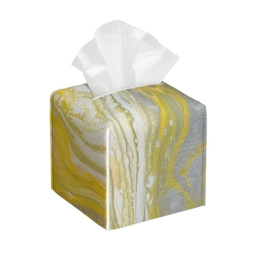 Quadratische Taschentuchbox-Abdeckung aus Leder in Gelb und Grau mit abstraktem Muster – Dekorativer Organizer für Badezimmer-Waschtisch, Nachttisch und Arbeitsplatte | rutschfeste Unterseite und Ei von asbwuo