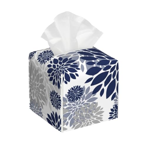 Quadratische Taschentuchbox-Abdeckung aus Leder mit Marineblau-grauem Blumenmuster – dekorativer Organizer für Badezimmer-Waschtisch, Nachttisch und Arbeitsplatte | rutschfeste Unterseite und einfac von asbwuo