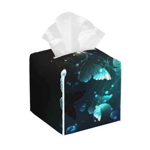 Quadratische Taschentuchbox-Abdeckung aus Leder mit Mint Night Butterflies-Motiv – dekorativer Organizer für Badezimmer-Waschtisch, Nachttisch und Arbeitsplatte | rutschfeste Unterseite und einfache von asbwuo