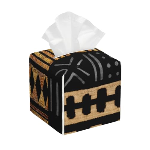 Quadratische Taschentuchbox-Abdeckung aus Leder mit afrozentrischem Schlammtuch-Motivdruck – dekorativer Organizer für Badezimmer-Waschtisch, Nachttisch und Arbeitsplatte | rutschfeste Unterseite un von asbwuo